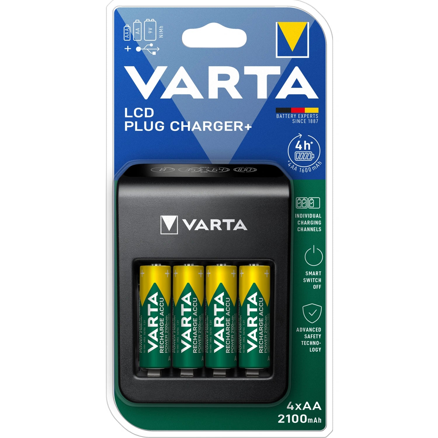 Batteriladdare LCD Plug Carger+ AA/AAA/9V inkl 4xAA