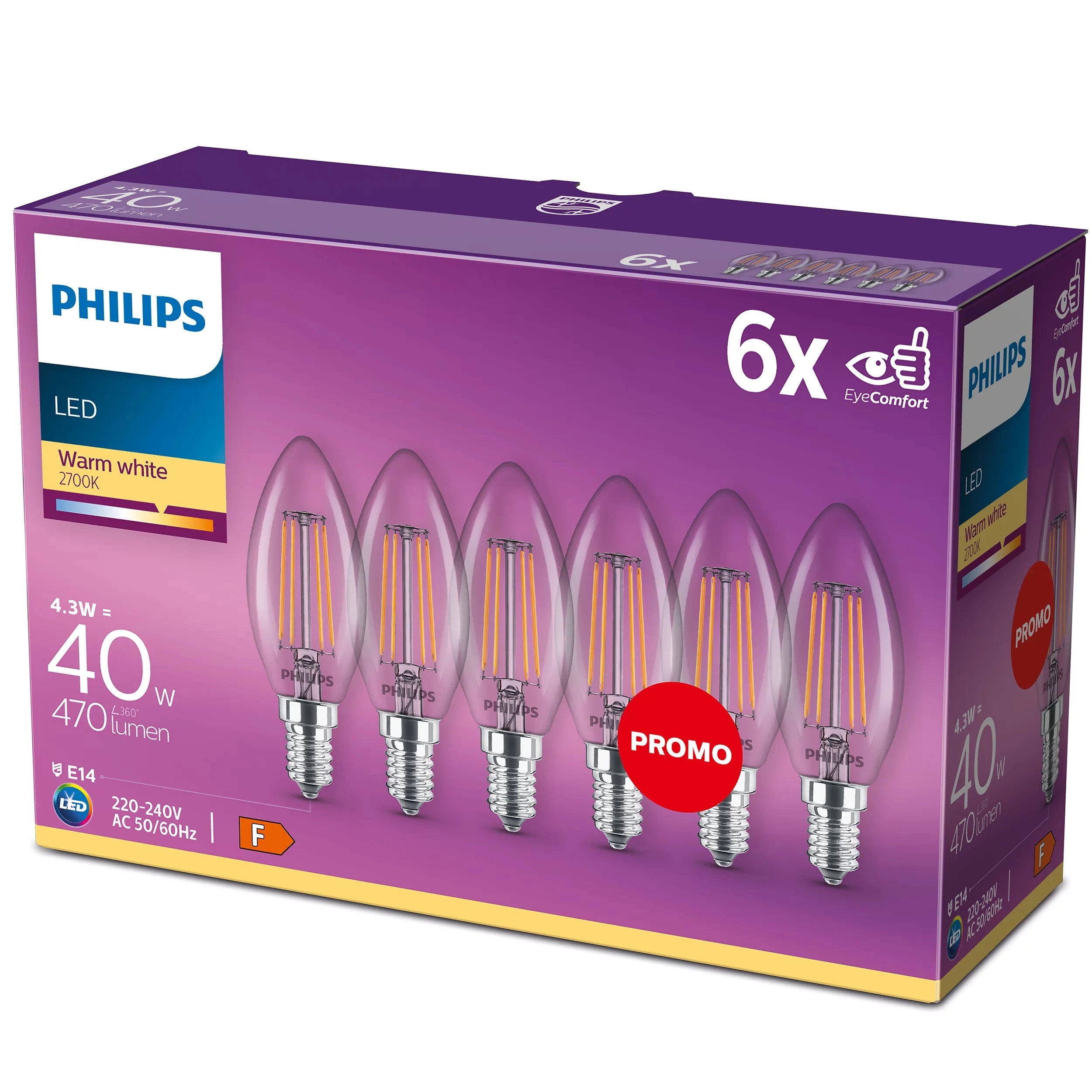 6-pack LED E14 Kron 4W (40W) Klar 470lm