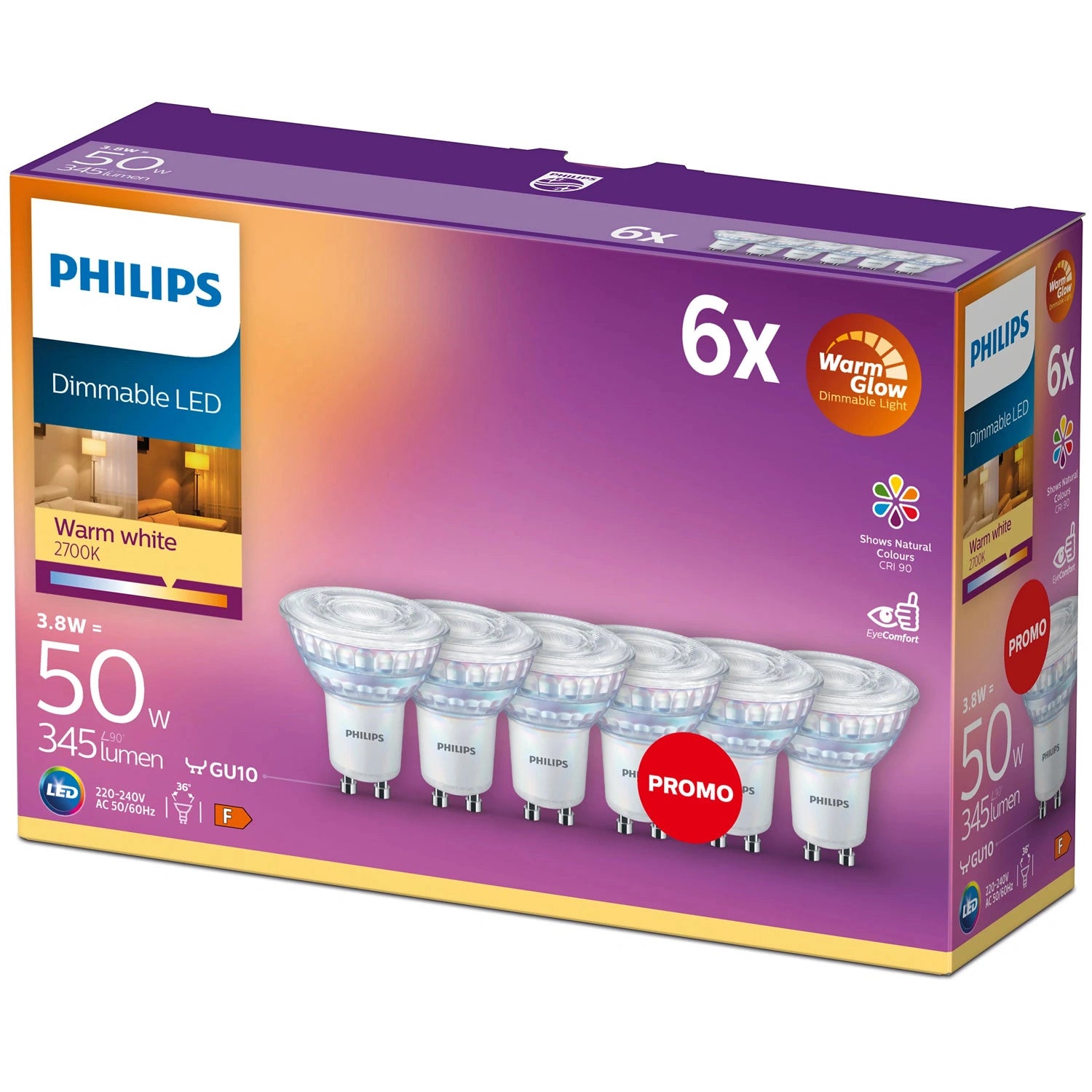 6-pack LED GU10 50W Dimbar WarmGlow