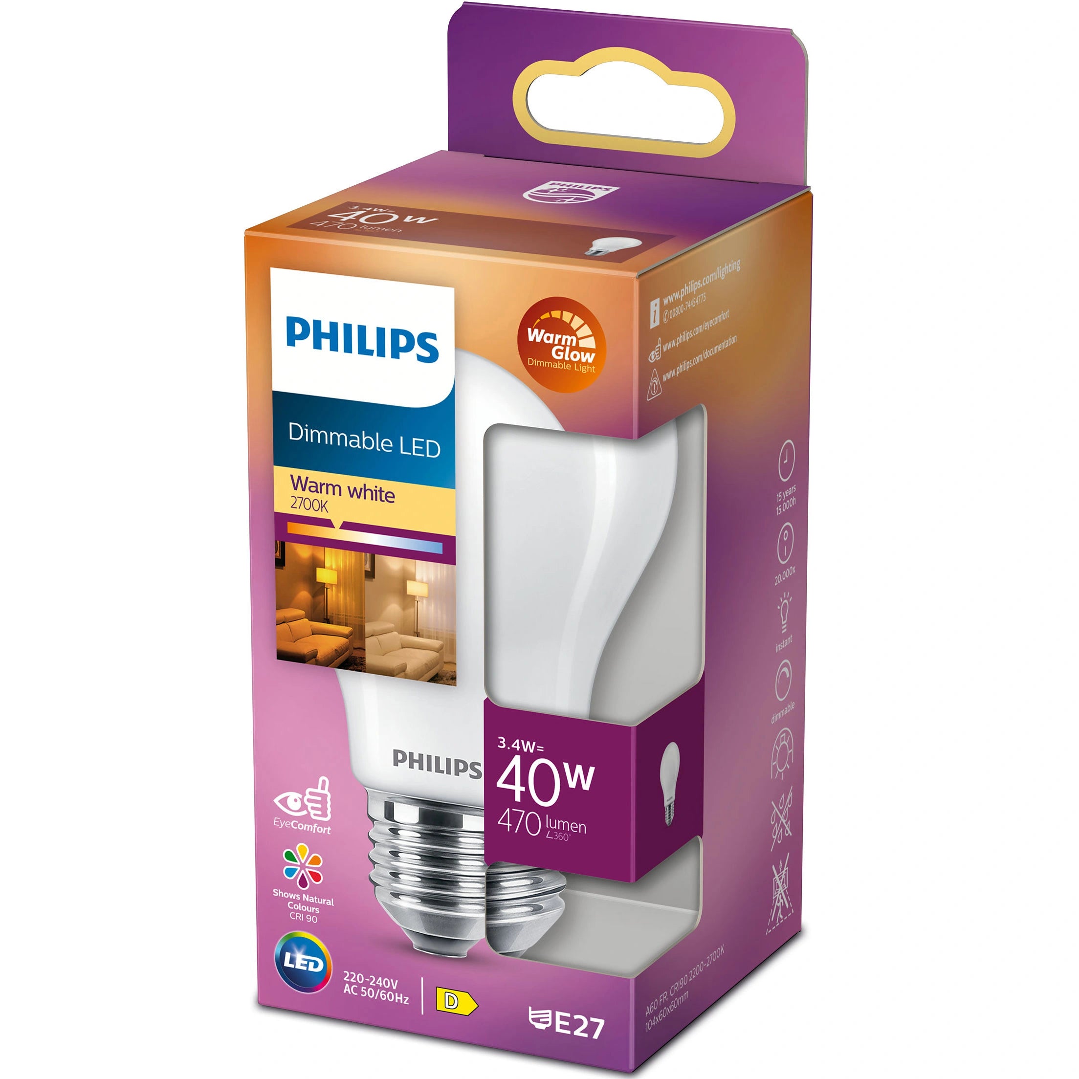 LED E27 Normal 3,4W (40W) Frost Dimbar WarmGlow 470lm