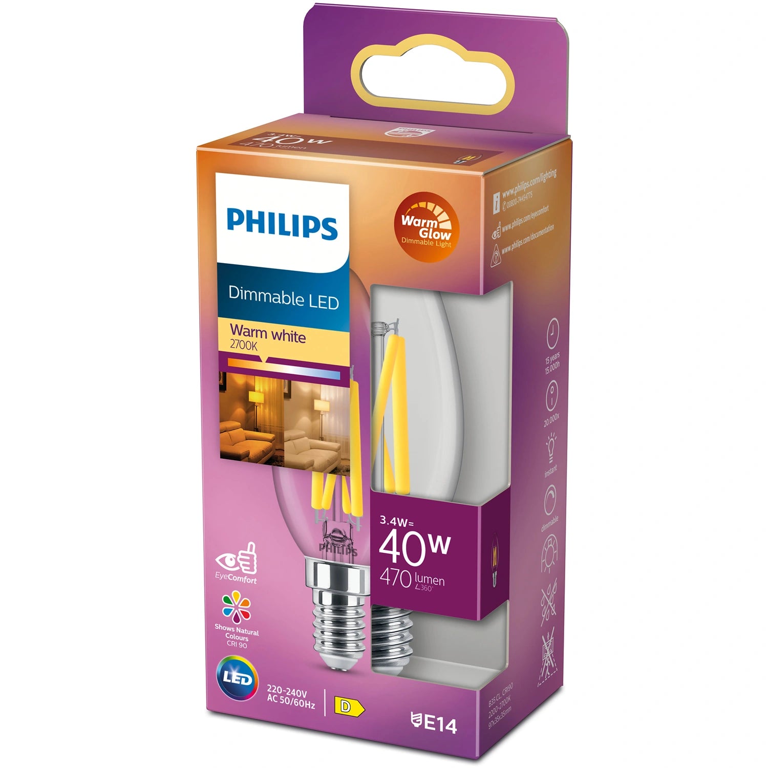 LED E14 Kron 3,4W (40W) Klar Dim WarmGlow 470