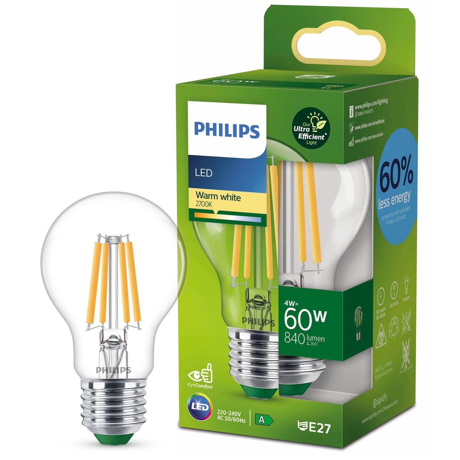 LED E27 Normal 4W (60W) Klar 840lm 2700K Energiklass A