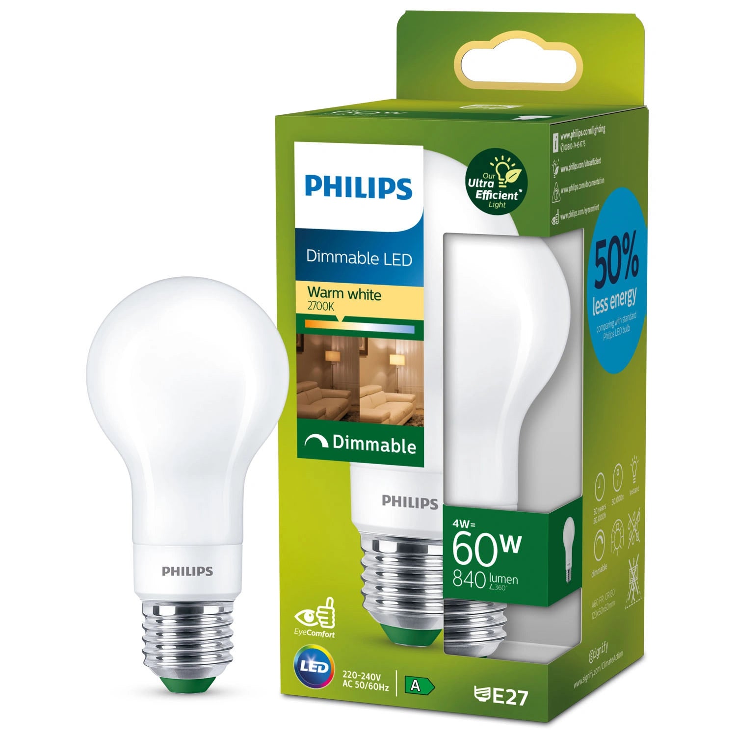LED E27 Normal 4W (60W) Frost Dimbar 840lm 2700K Energiklass A