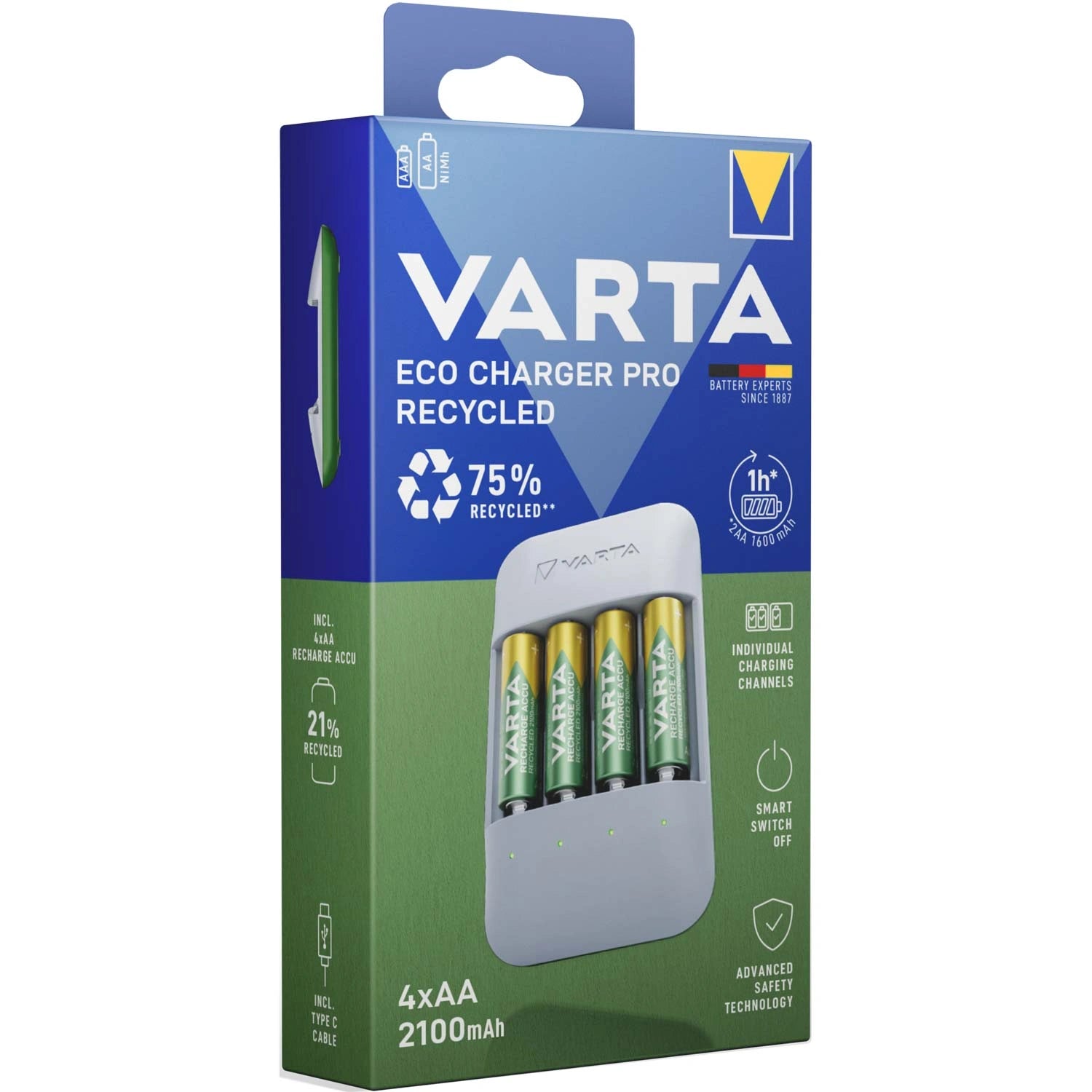 Batteriladdare Eco Charger Pro Recycled inkl. 4x AA 2100 mAh