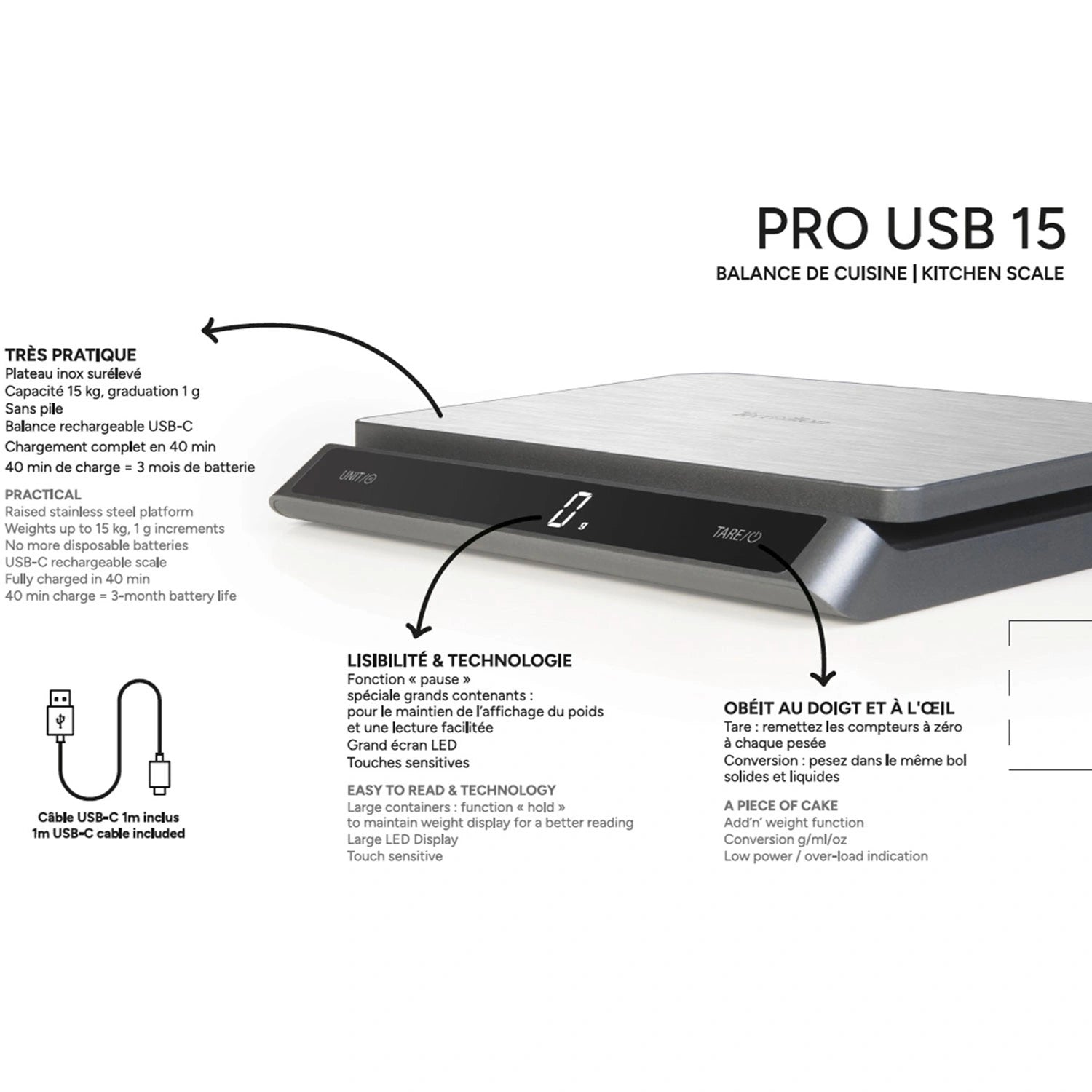 Köksvåg PRO USB-C 15kg Rostfritt IP67