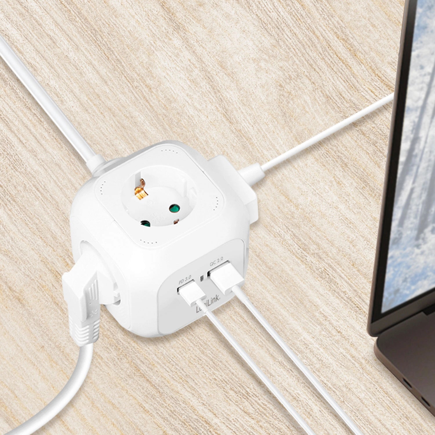 Power Cube Multi-grenuttag + USB-A/USB-C PD 20W
