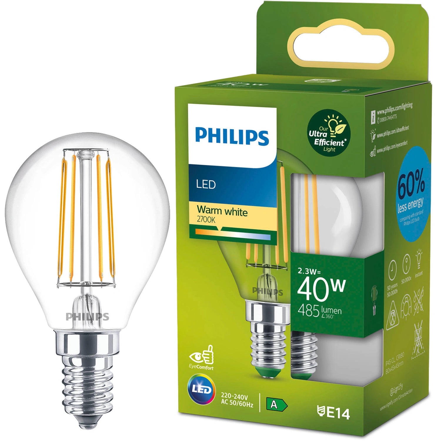 LED E14 Klot P45 2,3W (40W) Klar 485lm 2700K Energiklass A