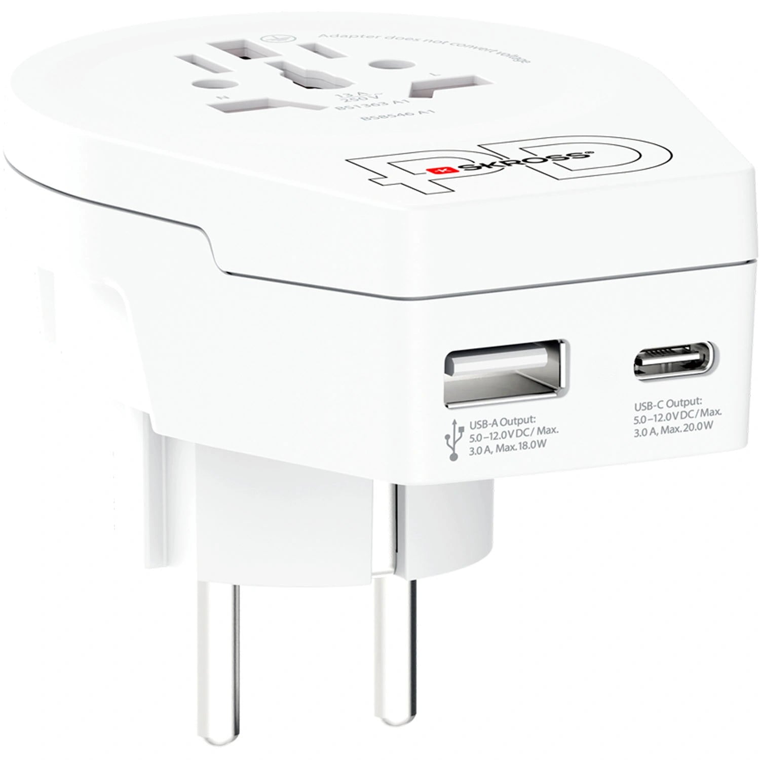 Reseadapter Världen till Europa USB-A/USB-C 20W Jordad