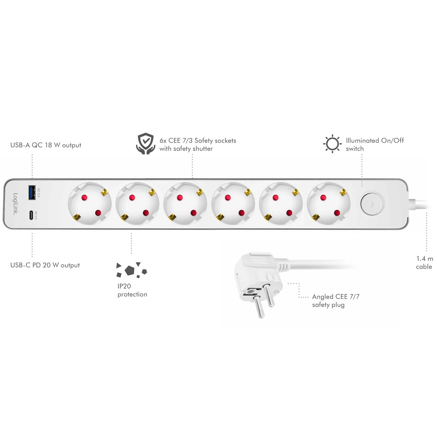 Grenuttag 6-vägs + USB-A/USB-C PD 20W med brytare 1,4m Vit