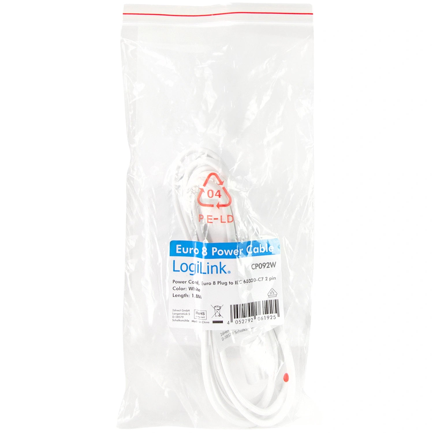 Apparatkabel Euro till C7 1,8m Vit