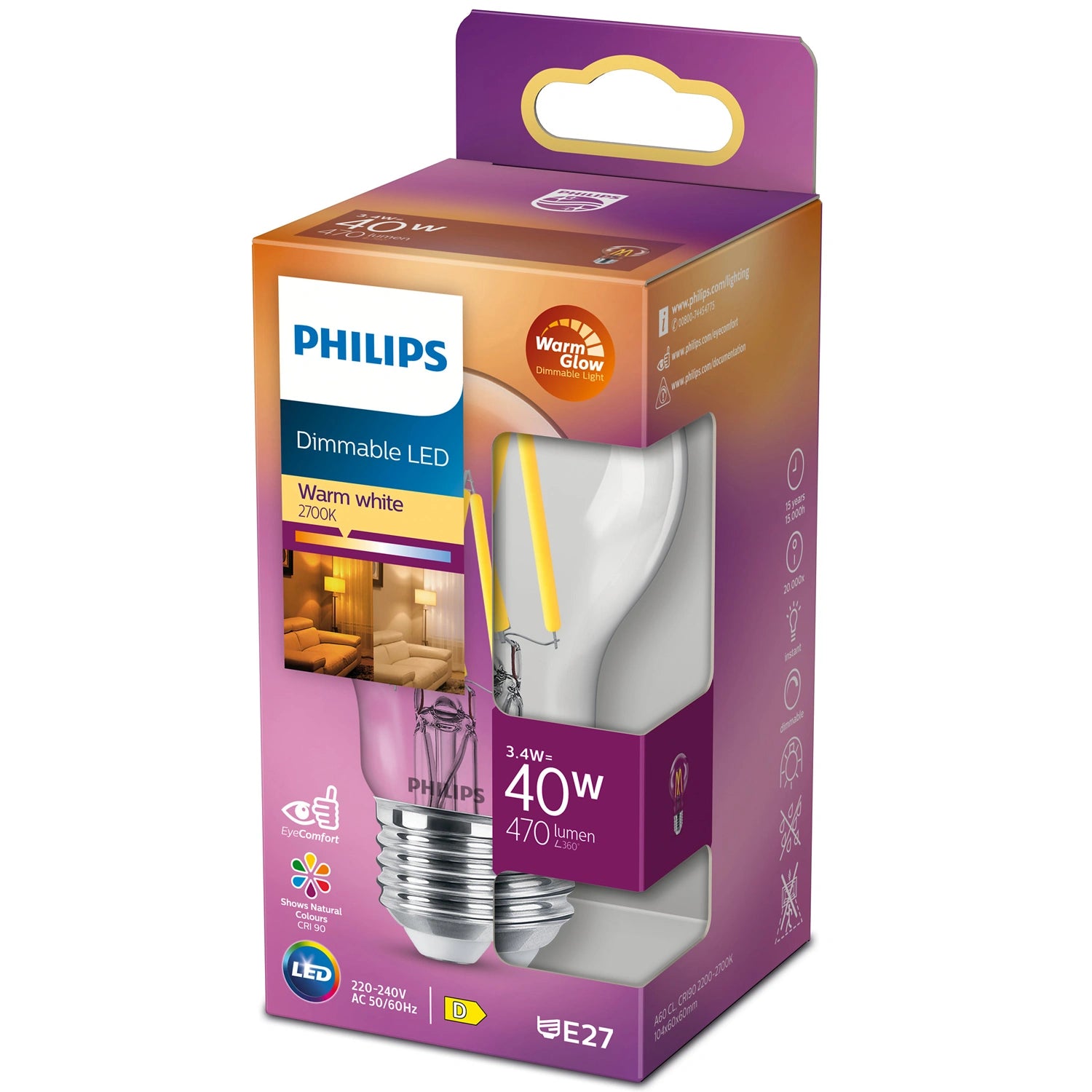 LED E27 Normal 3,4W (40W) Klar Dim WarmGlow 470lm