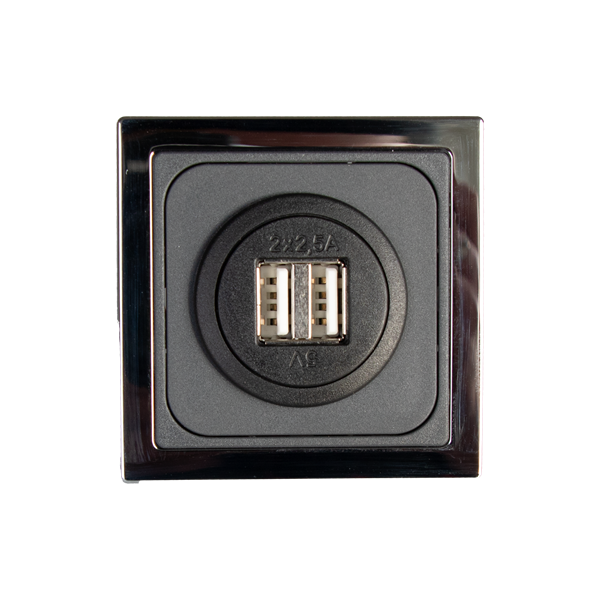 Vägguttag USB dubbel. Färg: grå / ram krom.