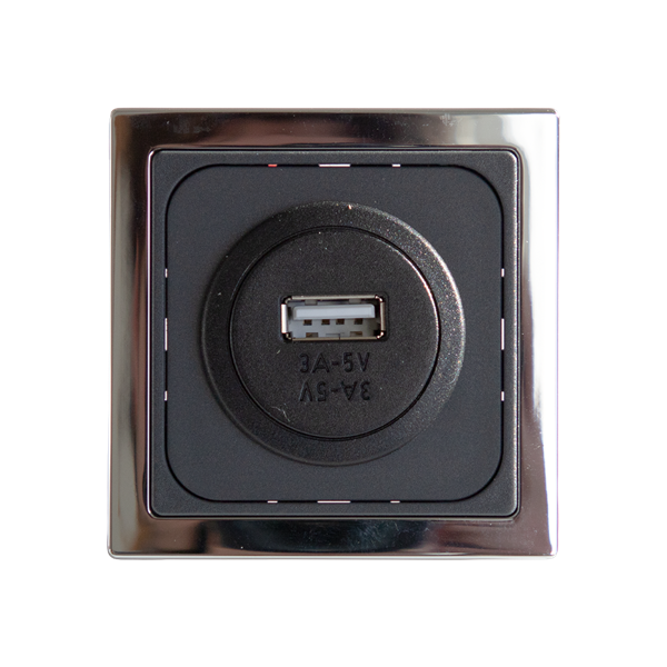 Vägguttag USB enkel. Färg: grå / ram krom.