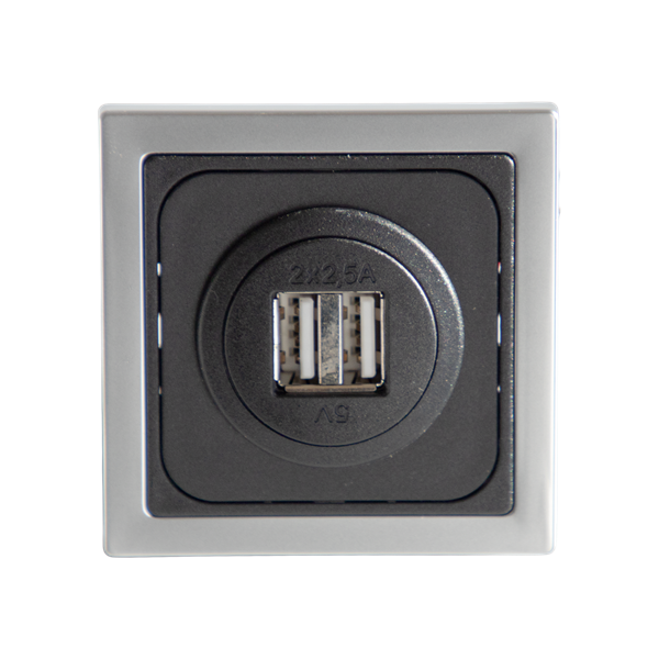 Vägguttag USB dubbel. Färg: svart / ram silver.
