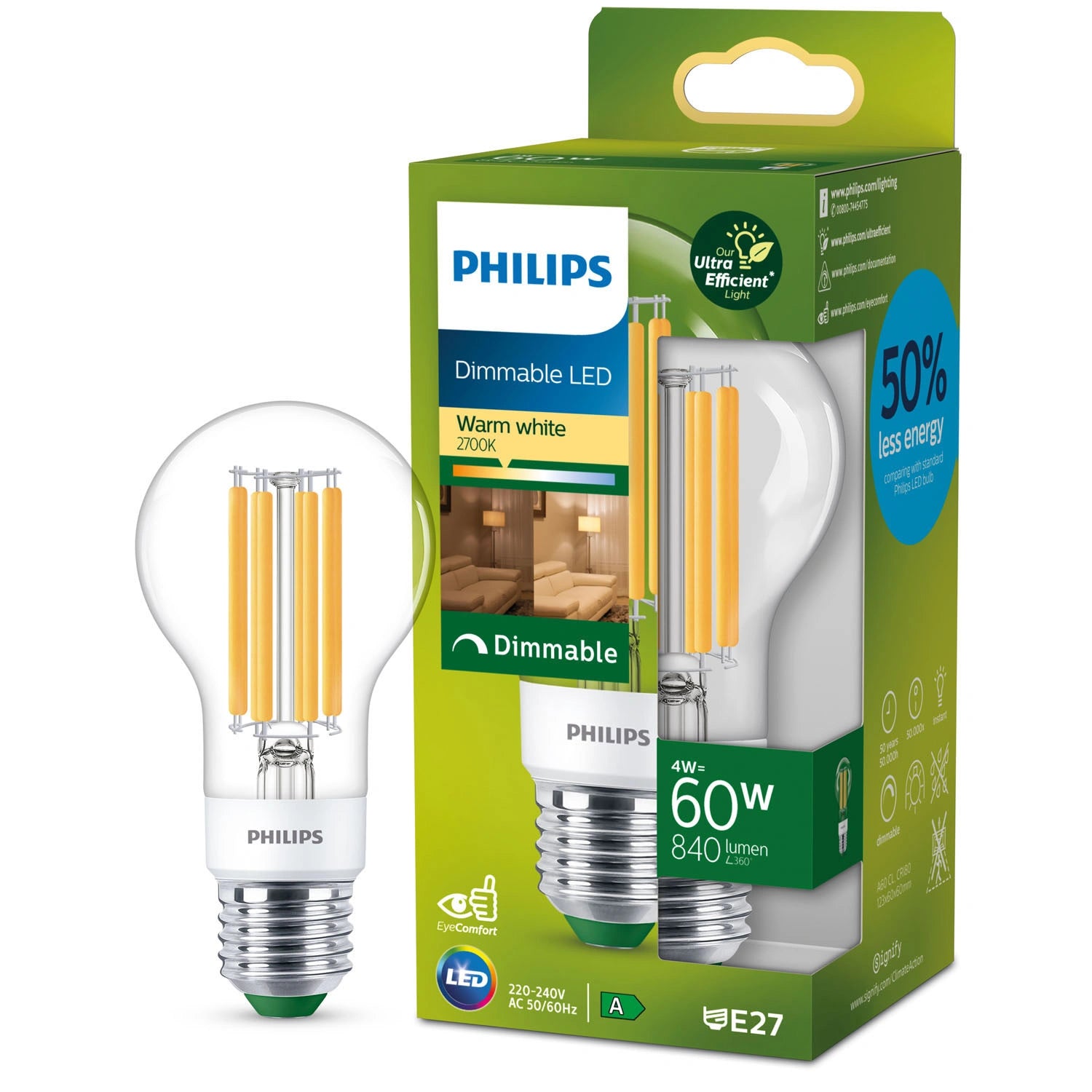 LED E27 Normal 4W (60W) Klar Dimbar 840lm 2700K Energiklass A