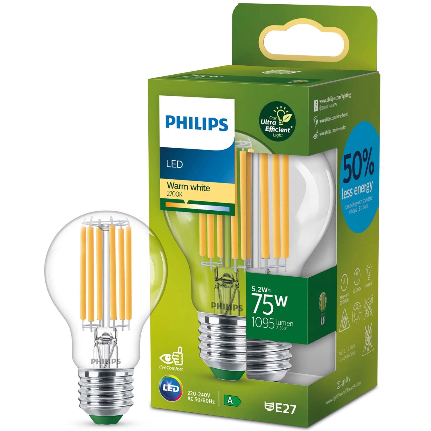 LED E27 Normal 5,2W (75W) Klar 1095lm 2700K Energiklass A