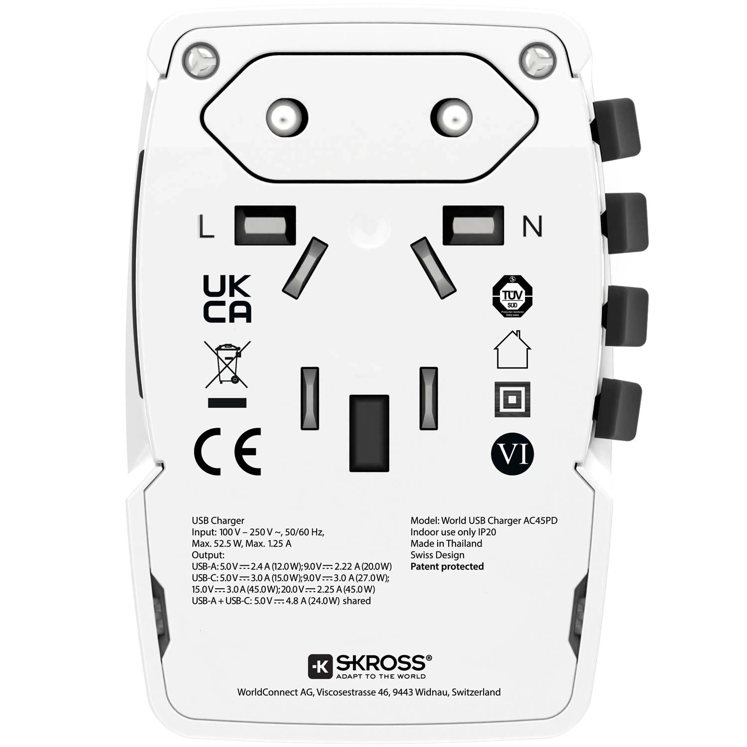 Världsreseadapter PRO Light USB AC45PD World PD 45W Jordad