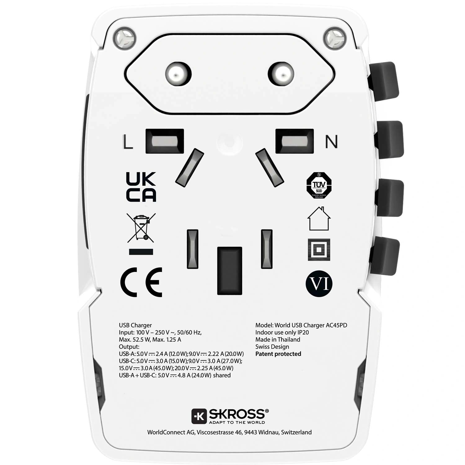 Världsreseladdare AC45PD USB-A+USB-C PD 45W Ojordad