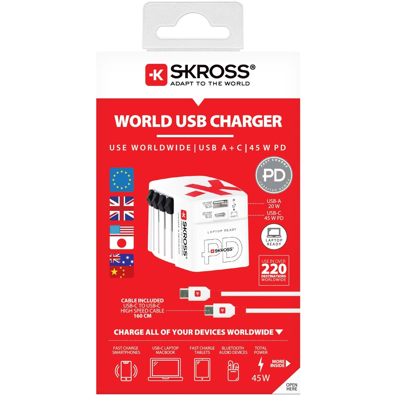 Världsreseladdare AC45PD USB-A+USB-C PD 45W Ojordad