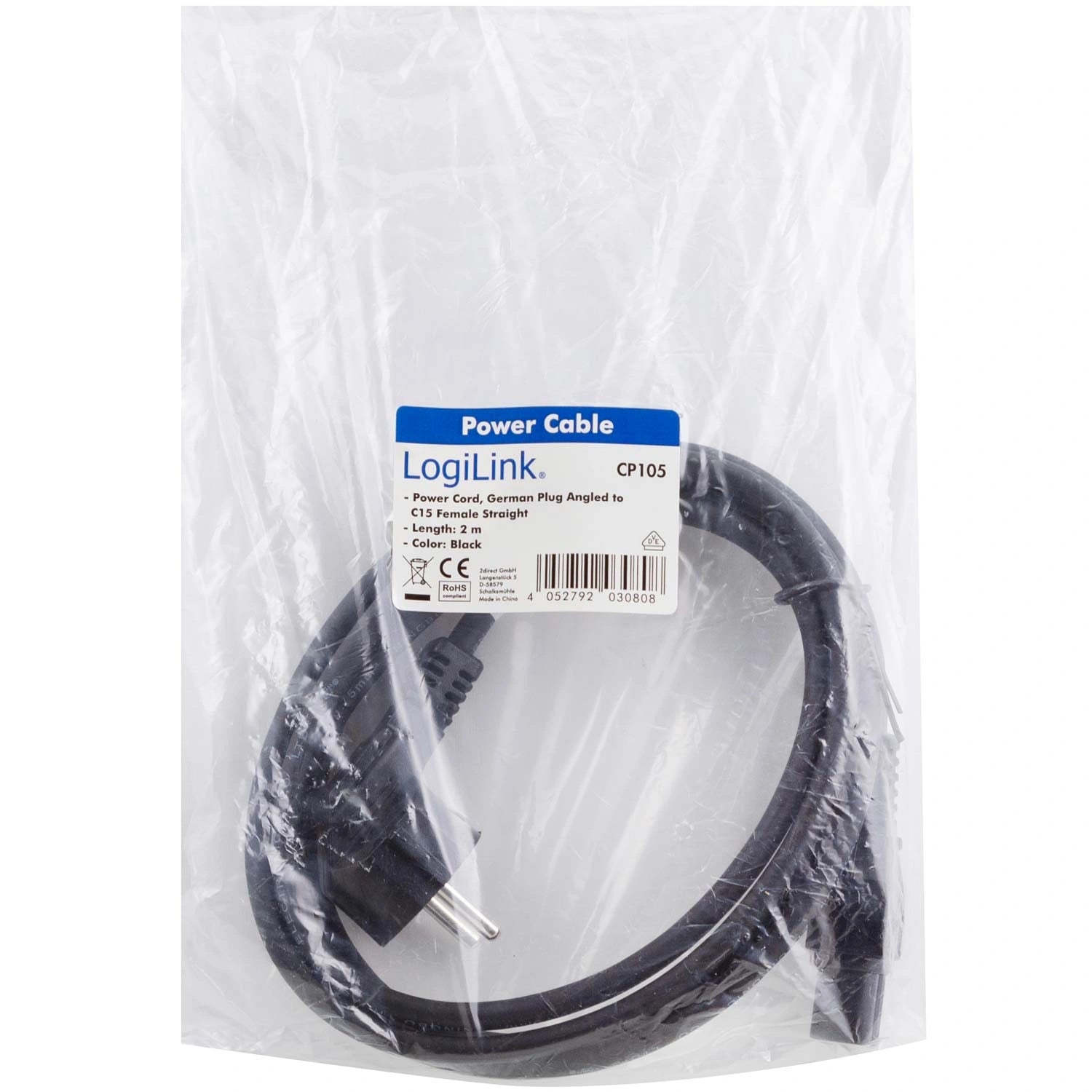 Apparatkabel 90° - C15 Rak 2m Svart