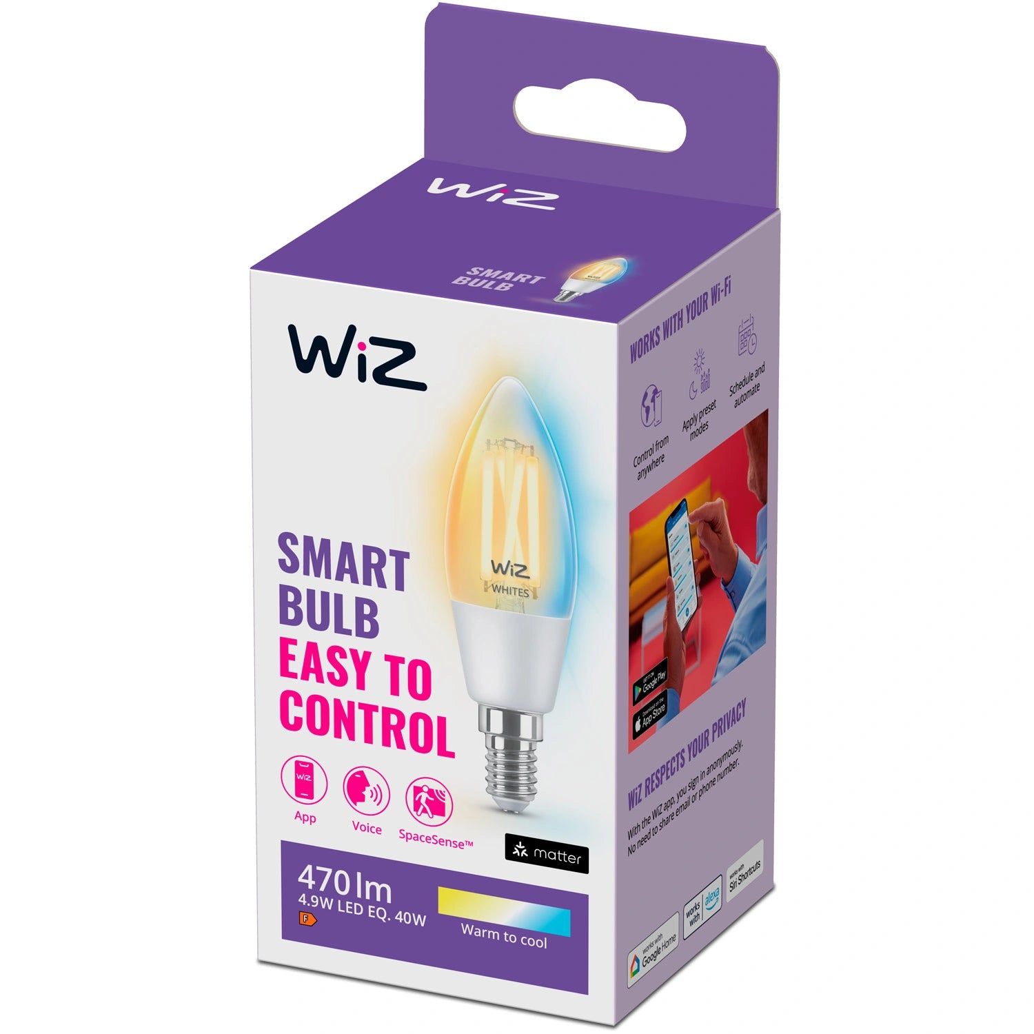WiFi Smart LED E14 Kron 40W 470lm Filament Varm-kallvit