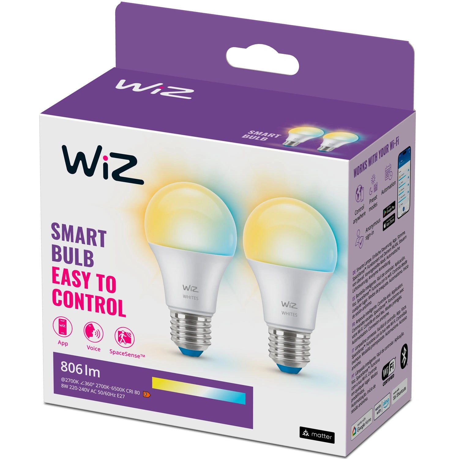 WiFi Smart LED E27 60W 806lm Varm-kallvit 2-pack