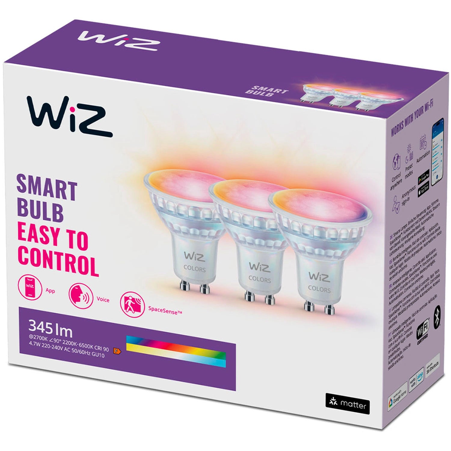 WiFi Smart LED GU10 50W 345lm Färg + Varm-kallvit 3-pack