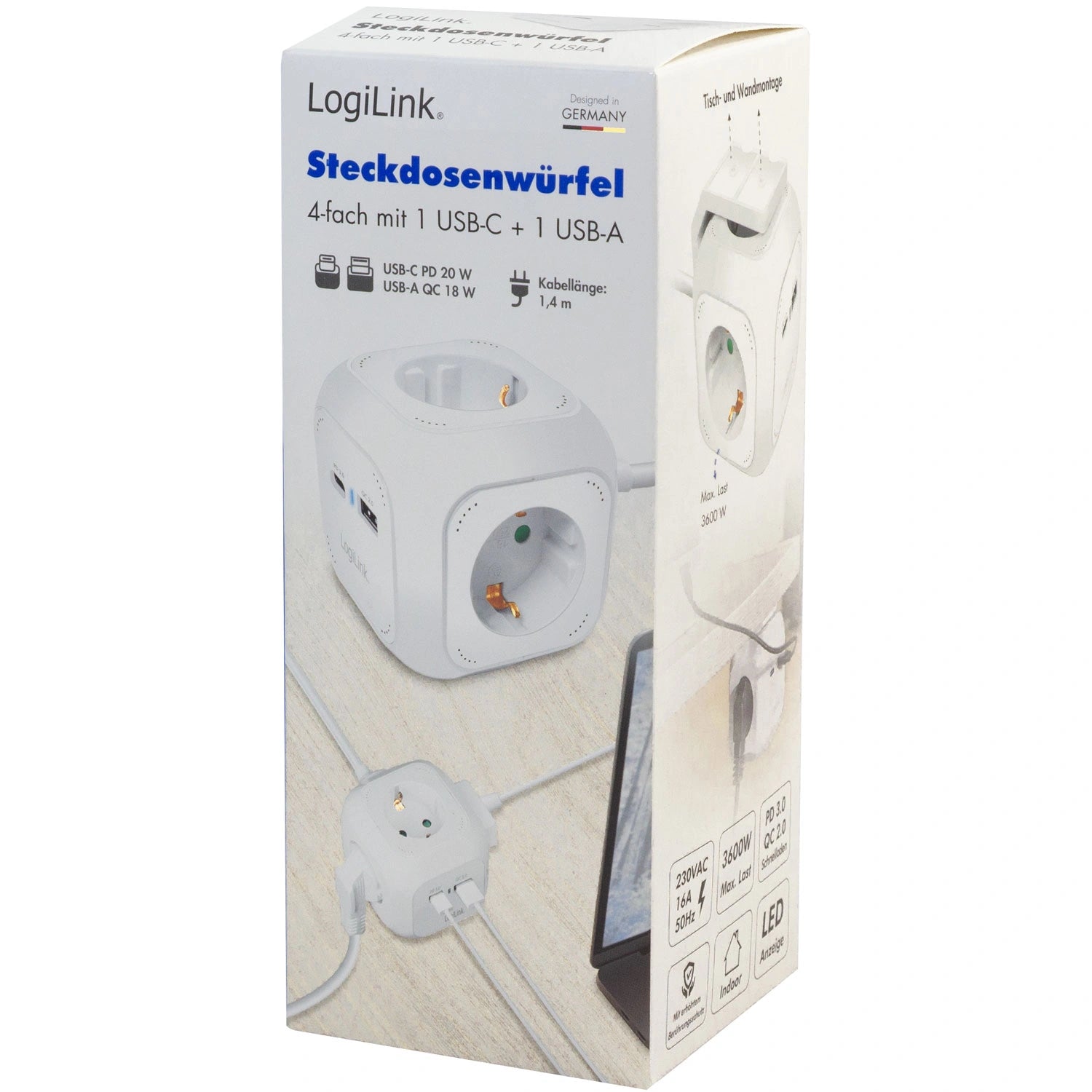 Power Cube Multi-grenuttag + USB-A/USB-C PD 20W
