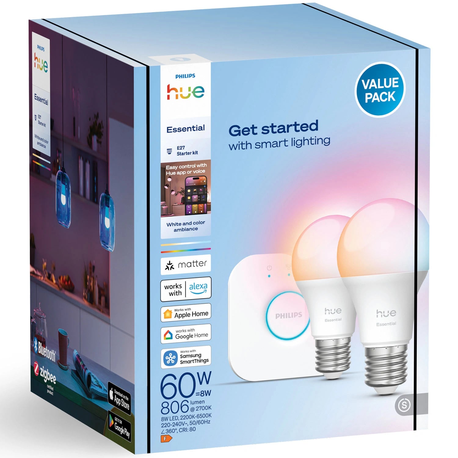 Essential Startkit White and Color Ambiance 2xE27 806lm + Hue Bridge