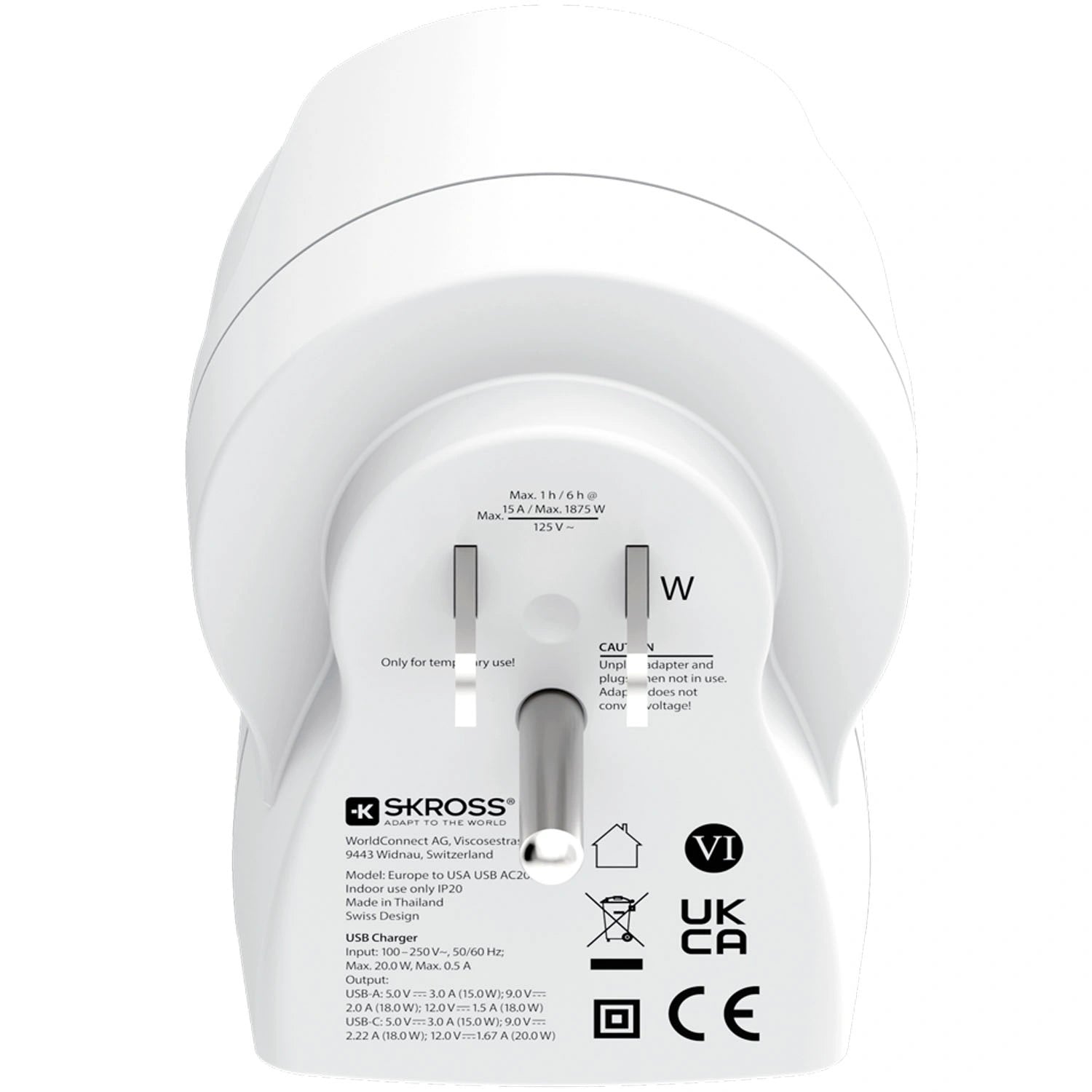 Reseadapter Europa till USA m.fl. USB-A/USB-C 20W PD Jordad