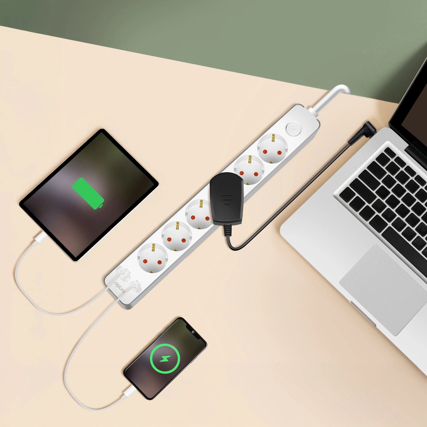 Grenuttag 6-vägs + USB-A/USB-C PD 20W med brytare 1,4m Vit